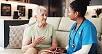 Checklist, senior woman and nurse in home for medical assessment, checkup or consultation. Clipboard, caregiver or talk with person in retirement for health evaluation, wellness or happy with results