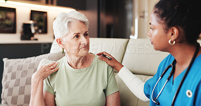 Buy stock photo Old woman, shoulder pain or nurse on sofa with consultation, advice or guidance for muscle strain. Healthcare, symptoms or caregiver in home for checkup, joint exam or medical service in elderly care