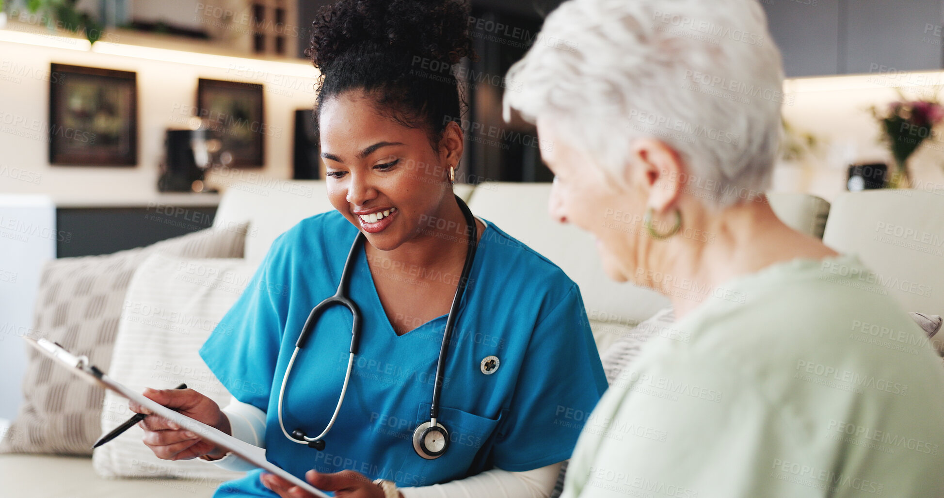 Buy stock photo Checklist, senior woman and happy nurse in home for medical assessment, checkup or good news. Clipboard, caregiver and person in retirement for health evaluation, report and positive test results