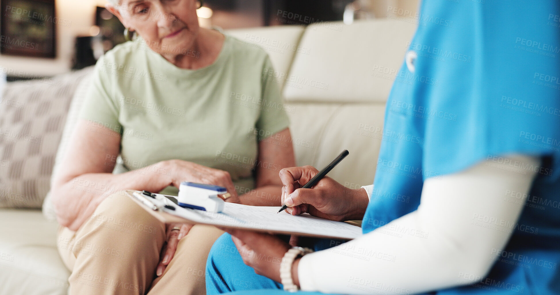 Buy stock photo Hands, old woman or nurse with checklist for writing medical assessment, lung health or home checkup. Clipboard, caregiver and person in retirement for evaluation, test results or blood oxygen exam
