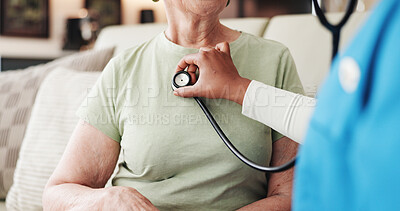 Buy stock photo Doctor, hands and old woman in home with stethoscope for heart assessment, lung test or consultation. Healthcare worker, elderly person and medical tool for cardiology evaluation, chest exam or help.
