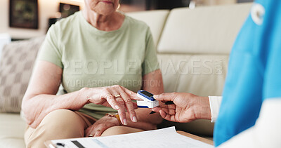 Buy stock photo Oximeter, nurse and hands of old woman on sofa for oxygen level, pneumonia test and consulting. Medical advice, bronchitis evaluation and healthcare support with people in living room of home