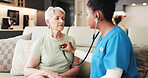 Doctor, old woman and checkup in home with stethoscope for heart assessment, lung test and wellness. Healthcare worker, elderly person and medical tool for cardiology evaluation, chest exam and help.