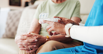 Buy stock photo Old woman, nurse or hands on sofa with prescription, guidance or aid in treatment schedule. Healthcare, support or caregiver in house with medication, dose advice or medical service in elderly care.