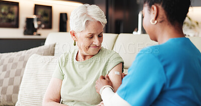 Buy stock photo Doctor, old woman or help in home with bandage application for flu vaccine, healthcare or wellness. Nurse, elderly person or trust with immunity shot plaster, medical safety or protection from virus.