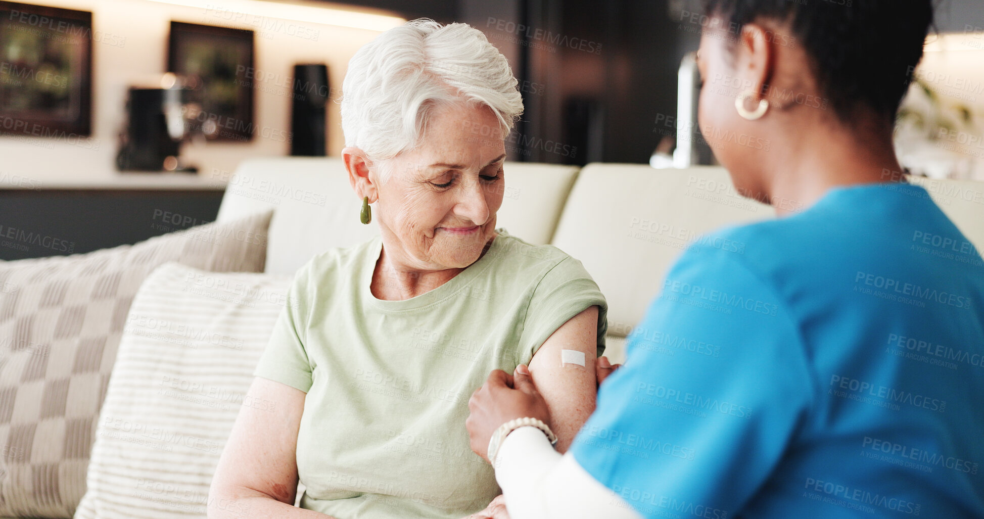 Buy stock photo Doctor, old woman or help in home with bandage application for flu vaccine, healthcare or wellness. Nurse, elderly person or trust with immunity shot plaster, medical safety or protection from virus.