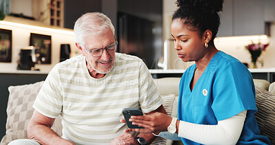 Buy stock photo Caregiver, help or old man on sofa with phone, guidance or learning on wellness app. Digital, advice or elderly person in house with support, teaching or technology assistance on telehealth platform