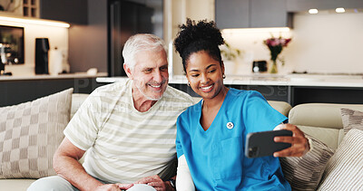 Buy stock photo Selfie, old man or caregiver on couch with smile, connection or memory together in retirement care. Senior, trust or people in house with bonding, happiness or moment capture in assisted living.