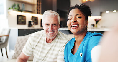 Buy stock photo Selfie, old man or caregiver in house with portrait, connection or memory together in retirement care. POV, patient or nurse in home with bonding, happiness or moment capture in assisted living.