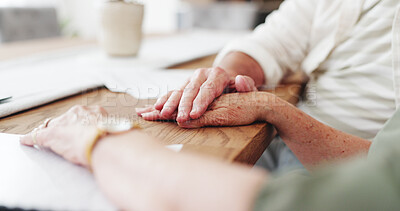 Buy stock photo Holding hand, support and senior couple in house with application for retirement home together. Love, compassion and elderly people for will documents with marriage, trust and care in apartment.
