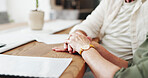 Holding hand, documents and senior couple in house with application for retirement home together. Love, compassion and elderly people for will paperwork with marriage, trust and care in apartment.