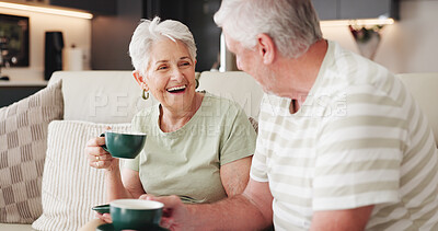 Buy stock photo Coffee, funny and retirement with old couple on sofa in living room of home together for break. Conversation, bonding and laughing with senior people drinking beverage in apartment for wellness
