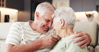 Buy stock photo Love, smile and relax with old couple on sofa for bonding retirement and connection. Support, happiness and marriage partner with elderly man and woman in living room of home for commitment and trust