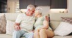 Love, smile and forehead touch with old couple on sofa for bonding retirement and connection. Support, happiness and marriage partner with elderly man and woman in living room of home for commitment