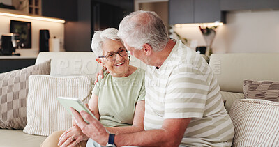 Buy stock photo Tablet, happy and relax with old couple on sofa for streaming service, retirement or connection. Support, film search and movie subscription with senior man and woman with tech in living room of home