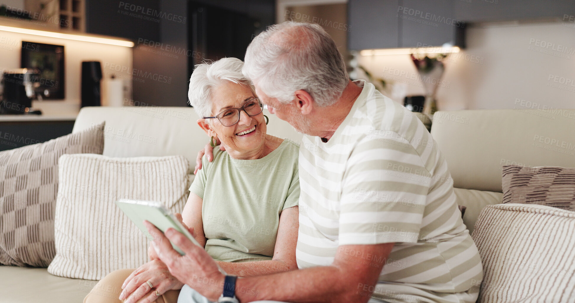Buy stock photo Tablet, happy and relax with old couple on sofa for streaming service, retirement or connection. Support, film search and movie subscription with senior man and woman with tech in living room of home