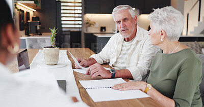 Buy stock photo Paperwork, senior couple or discussion with agent for real estate, property purchase and agreement contract. Consultant, retirement planning or old people with offer for investment, speaking and home