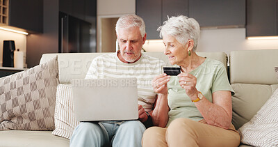 Buy stock photo Credit card, laptop and online shopping with old couple on sofa in living room of home together. Computer, ecommerce and payment checkout with senior people in apartment for purchase or transaction