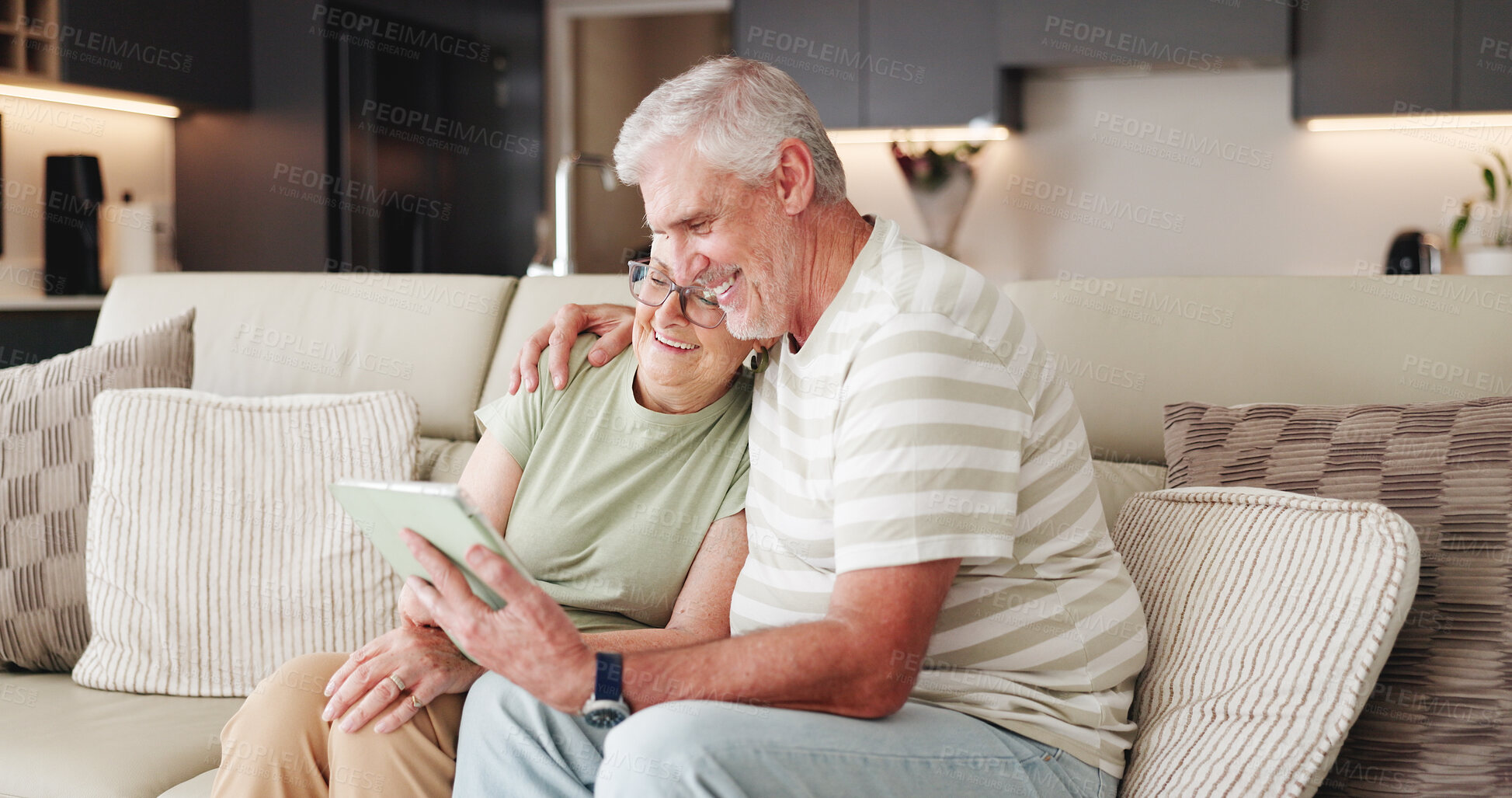 Buy stock photo Tablet, smile and relax with old couple on sofa for streaming service, retirement or connection. Support, film search and movie subscription with senior man and woman with tech in living room of home