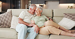 Love, laugh and relax with old couple on sofa for bonding retirement and connection. Support, happiness and marriage partner with elderly man and woman in living room of home for commitment and joke