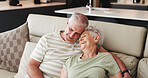 Love, happy and relax with old couple on sofa for bonding retirement and connection. Support, happiness and marriage partner with elderly man and woman in living room of home for commitment and trust