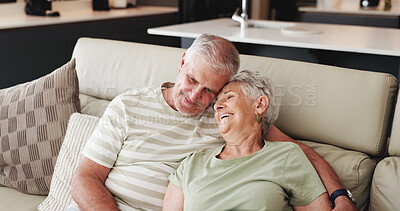 Buy stock photo Love, happy and relax with old couple on sofa for bonding retirement and connection. Support, happiness and marriage partner with elderly man and woman in living room of home for commitment and trust