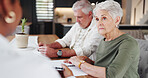 Document, senior couple or discussion with agent for real estate, property purchase or insurance policy. Consultant, retirement planning or old people listen for application offer, investment or home