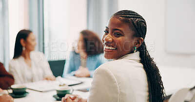 Buy stock photo Boardroom, portrait and smile of corporate woman in meeting for briefing, development or management. Business, collaboration and workshop with happy employee at table in office for discussion session