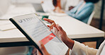 Tablet, screen or hands in business meeting for reading,  graphic design news or project management info. Branding, coworking or women with tech for execution advice, creative plan or online trends