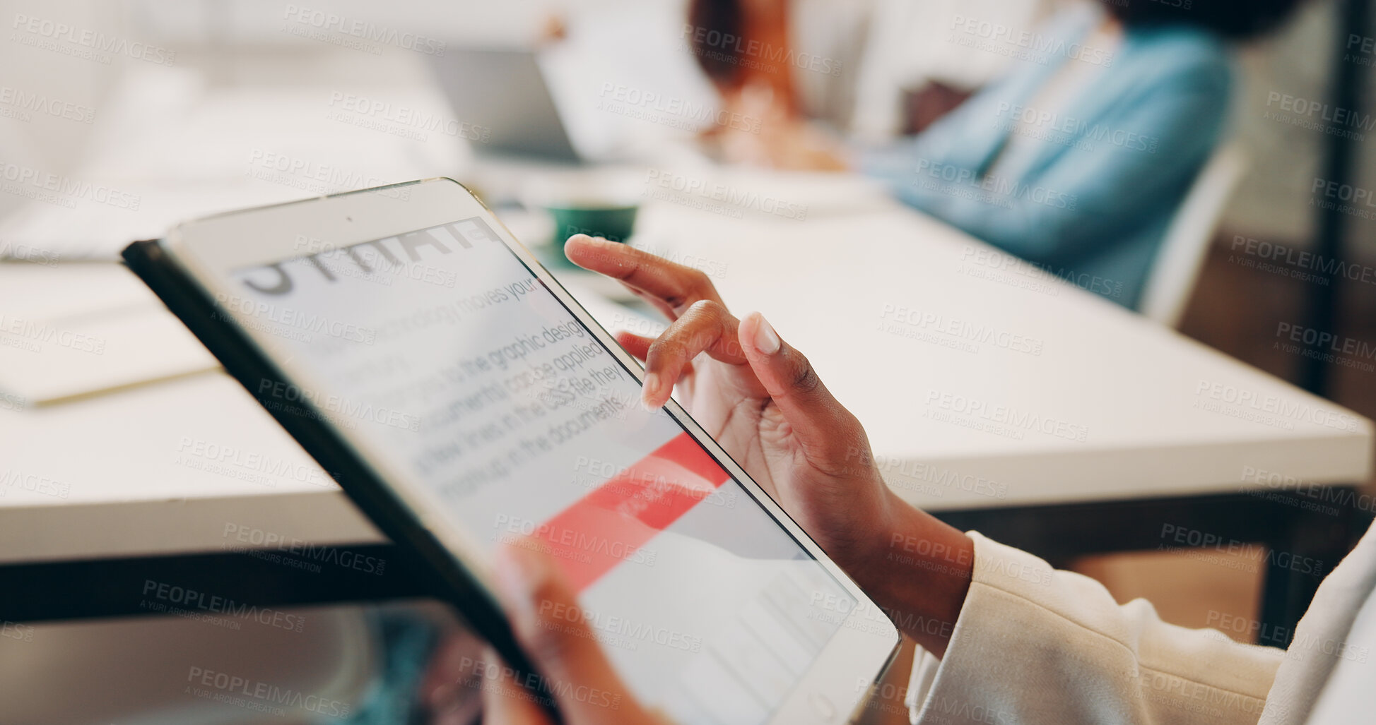 Buy stock photo Tablet, screen or hands in business meeting for reading,  graphic design news or project management info. Branding, coworking or women with tech for execution advice, creative plan or online trends