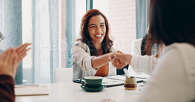 Buy stock photo Woman, shaking hands and applause with team at startup, goals or congratulations at office meeting. Person, happy and handshake for success, celebration and excited for achievement at creative agency