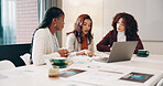 Laptop, meeting or women with paperwork for review, monitor investment return or charts for income info. Budget planning, pc or advisory team with performance report, track revenue or project profit