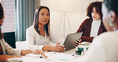 Buy stock photo Meeting, creative and business women with laptop, paperwork and chart for project budget. Computer, office and people with documents, graph and statistics for  research, finance report and proposal