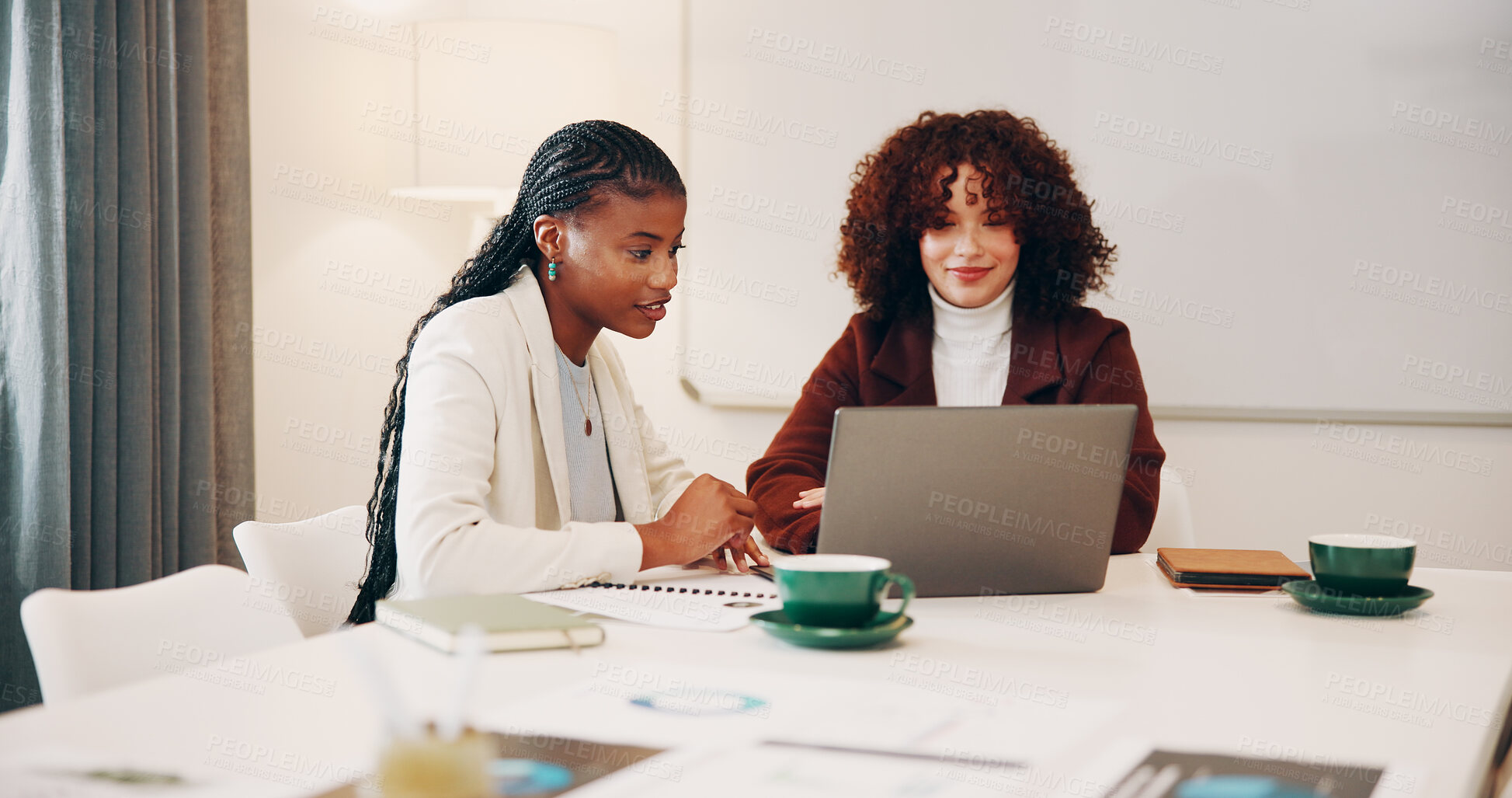 Buy stock photo Business women, meeting and laptop for brainstorming, venue ideas or event planning in office. Happy team, computer and briefing in workplace for project coordination, schedule or vendor feedback