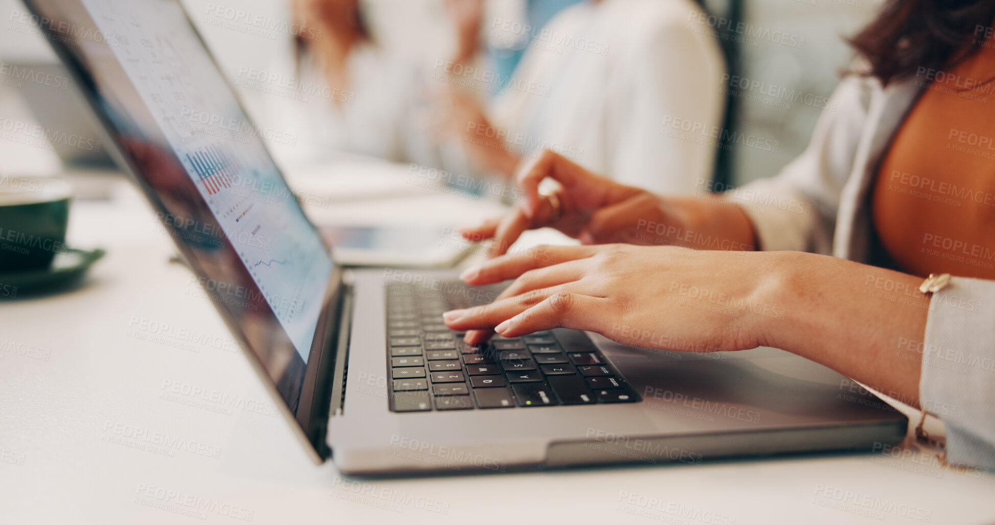 Buy stock photo Typing, online and hands with laptop screen, coworking and ad performance review on website or graph. Office, brand specialist and person with tech for digital marketing, stats and data analysis