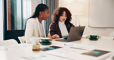 Buy stock photo Laptop, meeting or women with report for review, monitor investment return or charts for profit info. Budget planning, pc or advisory team with performance record, track revenue or project discussion