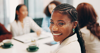 Buy stock photo Boardroom, portrait and workshop with business woman in meeting for briefing, development or management. Collaboration, session and smile of happy employee at table in office for corporate discussion