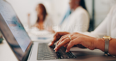 Buy stock photo Graphs, laptop and hands of business woman in office for account manager, budget report and research. Data analysis, trading chart and planning with employee in agency for review and portfolio growth