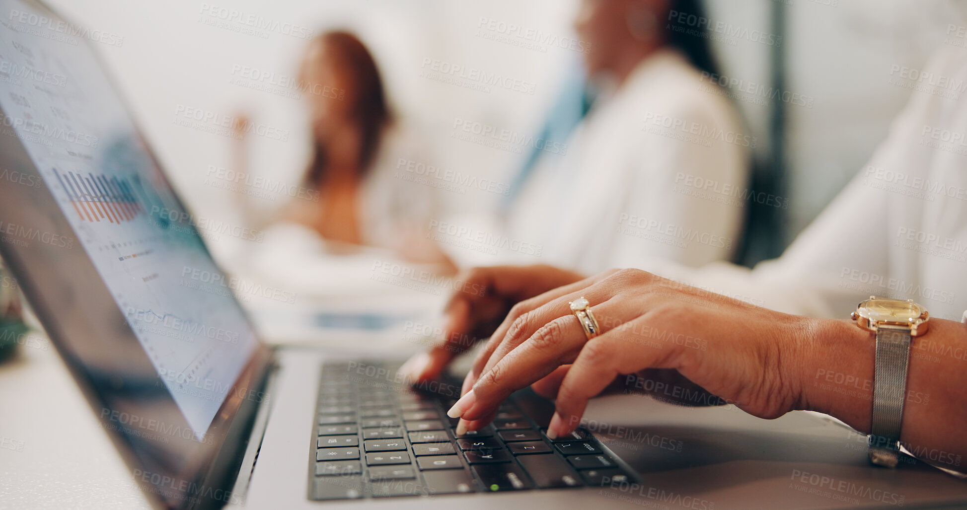 Buy stock photo Graphs, laptop and hands of business woman in office for account manager, budget report and research. Data analysis, trading chart and planning with employee in agency for review and portfolio growth