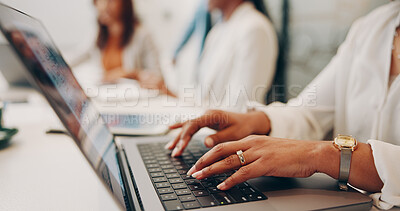 Buy stock photo Hands, typing and creative with laptop, coworking and journalist with article on website and online. Newsroom, reporter and person with tech for story, media or editing draft for magazine publication