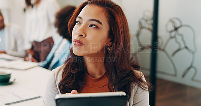 Buy stock photo Woman, tablet and thinking at startup in office meeting with decision, insight or solution at media company. Person, tech and perspective for proposal, app or project management at creative agency
