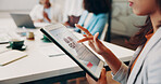 Tablet, screen and hands in business meeting for planning, reading article or company development project. Growth strategy, coworking and women with investment advice, finance management info or tech