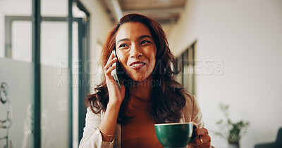 Buy stock photo Phone call, coffee and smile with business woman in office for communication, schedule and planning. Connection, herbal drink and networking with person in creative agency for discussion and chat