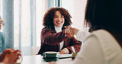 Buy stock photo Woman, handshake and happy with team at startup, goals and congratulations at media company. Person, excited and shaking hands for success, celebration or smile for achievement at creative agency