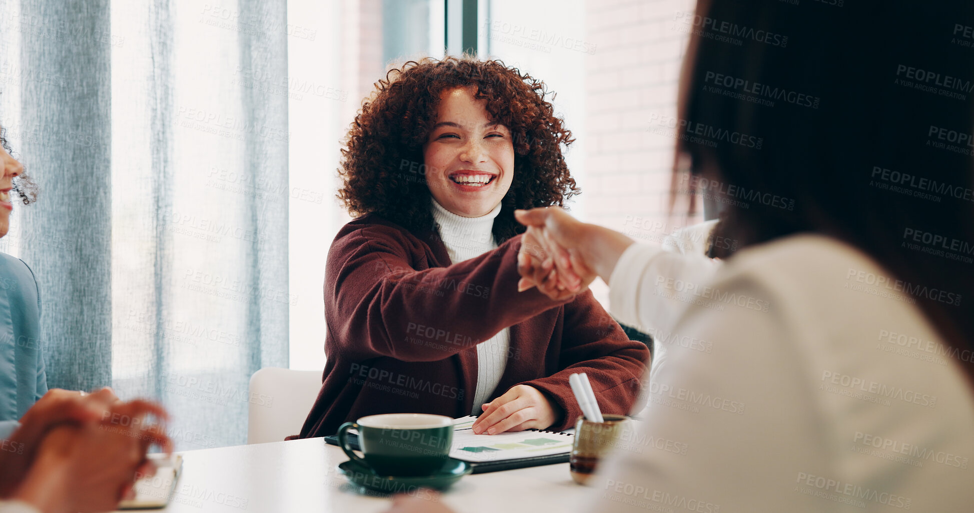 Buy stock photo Woman, handshake and happy with team at startup, goals and congratulations at media company. Person, excited and shaking hands for success, celebration or smile for achievement at creative agency
