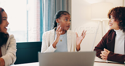 Buy stock photo Meeting, business and women talk in office for planning, headline ideas and editor feedback. People, explain and laptop for team brainstorming, magazine column and discussion for article publication