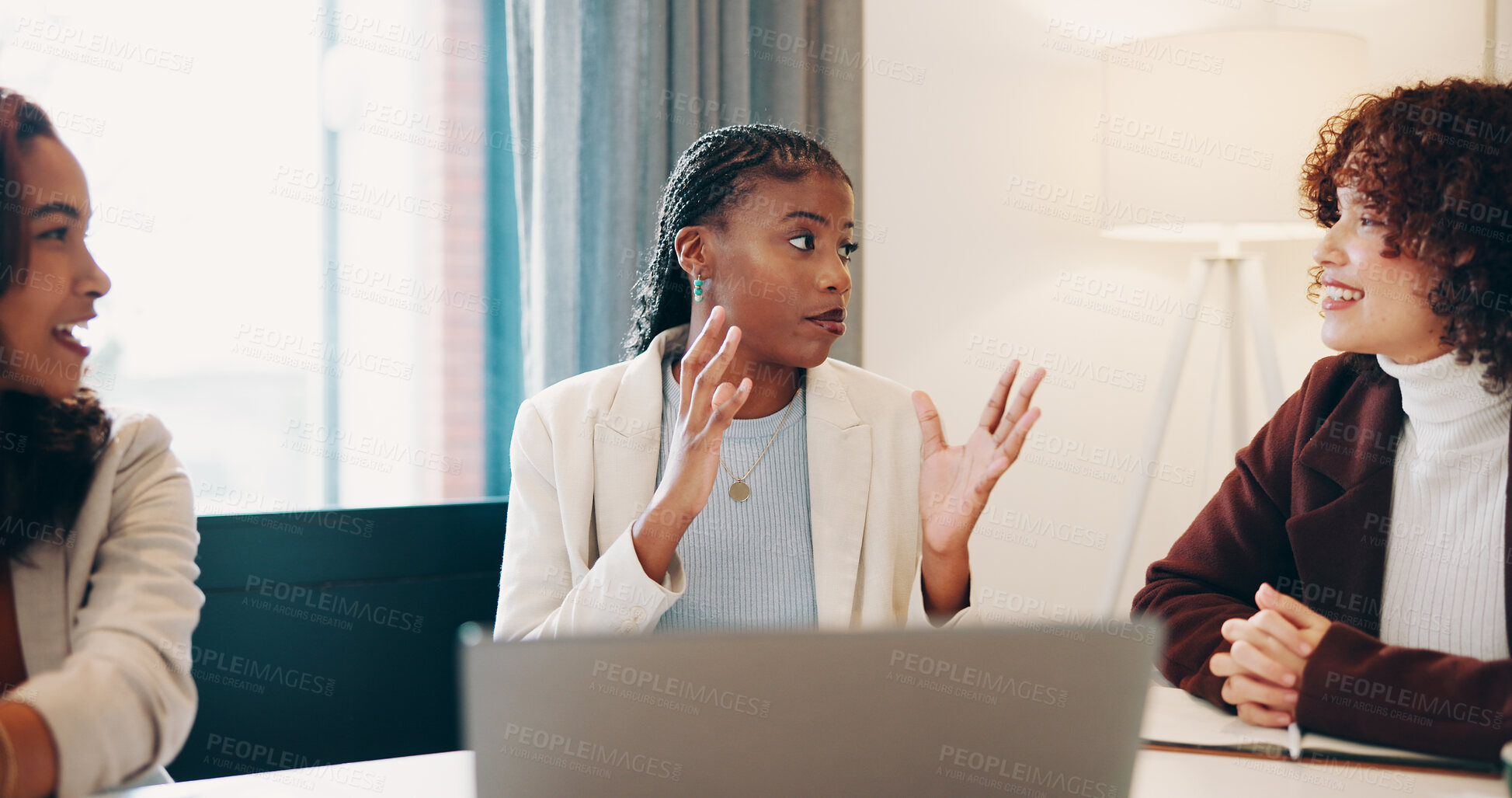 Buy stock photo Meeting, business and women talk in office for planning, headline ideas and editor feedback. People, explain and laptop for team brainstorming, magazine column and discussion for article publication