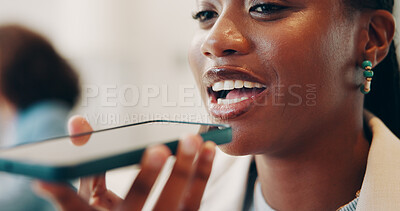 Buy stock photo Media agency, phone call and woman in office, loudspeaker and communication with online interview. Person, employee and journalist in workplace, smartphone and conversation with contact or connection