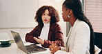 Business, women and talk with laptop in office for planning, headline ideas and editor feedback. People, pc and explain for team brainstorming, magazine column and discussion for article publication