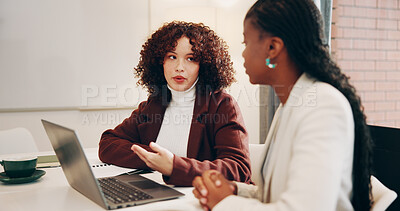 Buy stock photo Business, women and talk with laptop in office for planning, headline ideas and editor feedback. People, pc and explain for team brainstorming, magazine column and discussion for article publication